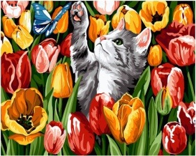 Картина по номерам Paintboy GX 27243 Котенок в тюльпанах 40x50 см