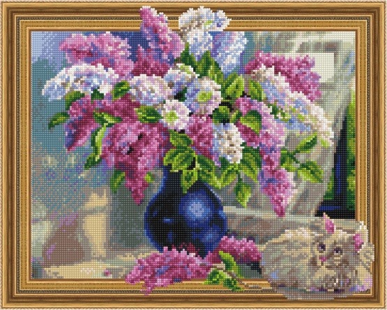 Алмазная мозаика 3D эффект TSGJ 1181 Сирень и кошечка 40*50 фото 1