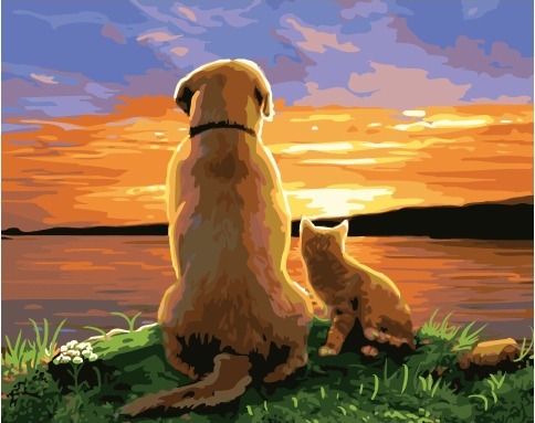 Картина по номерам Paintboy GX 34574 Пес с котенком на закате 40x50 см фото 1